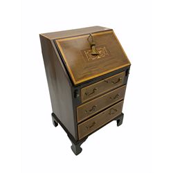 Edwardian inlaid mahogany bureau, fitted with fall front above three drawers