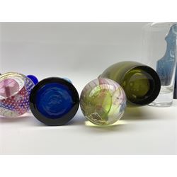 Kosta Boda decanter bottle, c1960, designed by Erik Höglund (1932-1998), in a triangular pressed form, engraved pattern number H1250/250, a clear glass decanter with bubble inclusion, probably Kosta Boda, two Scandinavian glass vases, ochra glass vase, Isle of Wight glass paperweight, Caithness glass paperweight & vase (8)