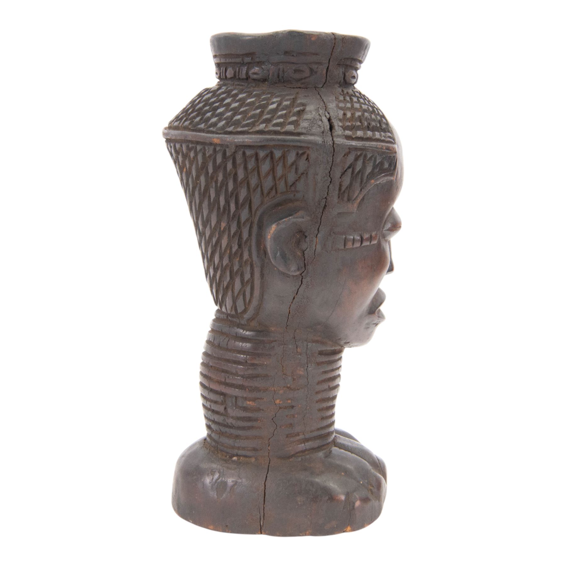 Kuba cup, African carved wood wine cup in the form of a female head, H31cm