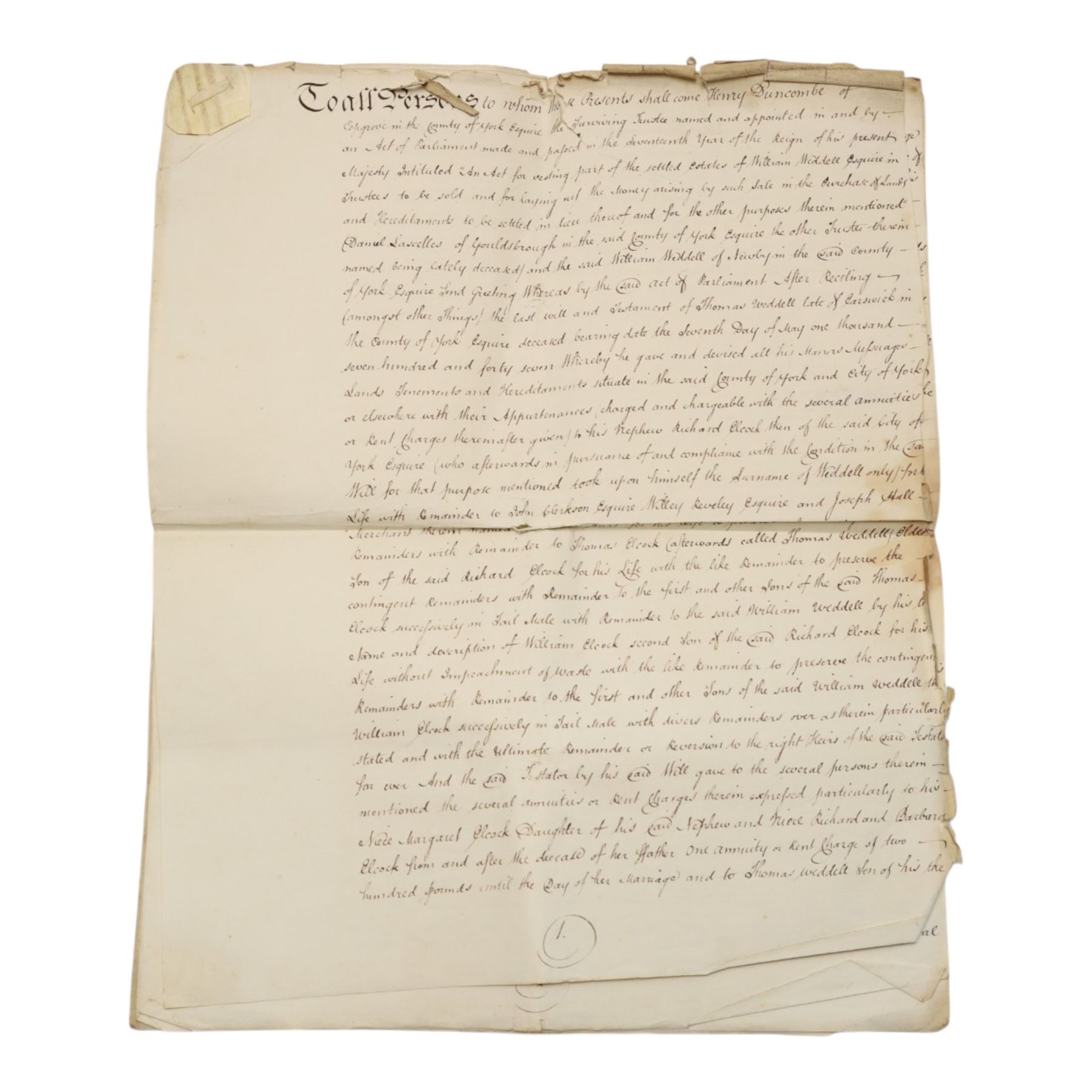 Newby Hall/Weddell family interest - collection of 18th century documents relating to William Weddell Esq of Newby Hall, including manuscript Weddell family pedigree, two printed Acts of Parliament for vesting part of his settled estates in trustees, vellum indentures, trustee appointment and Bank of England receipt, with reference to estates at Hutton, Earswick and elsewhere, dated 1777-1786 (6)