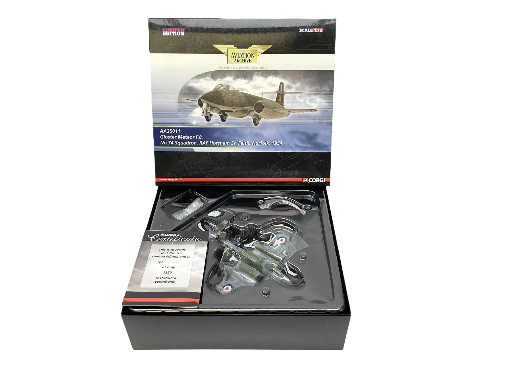 Four Corgi Aviation Archive limited edition die-cast models of aircraft comprising AA33418 Westland Sea King HC4 No.1174/1500; AA35011 Gloster Meteor F.8, No.355/1250; AA38104 Sopwith Camel No.692/1500 and AA37302 DH Vampire FB.9 No.82/2210; all boxed with certificates (one with slip-case); together with two Oxford De Havilland die-cast aircraft - D.H.82A Tiger Moth T-6296 and D.H.89 Dragon Rapide G-AIYR; both boxed (one with slip case) (6)