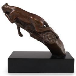 Bronze modelled as a cougar on a branch upon a rectangular wooden plinth, H24cm