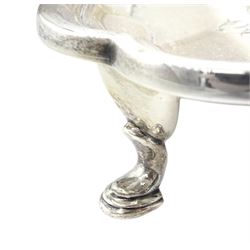 Early 20th century silver salver, of square form with shaped corners and moulded rim, with engraved monogram to one corner, upon four hoof feet, hallmarked Barker Brothers Silver Ltd, Birmingham 1938, 30cm, weight 39.28 ozt (1222 grams)