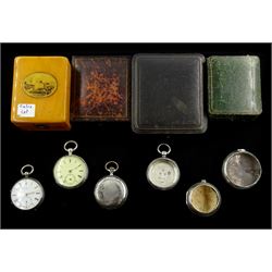 Wooden pocket watch case, three velvet lined cases, three silver pair cases, hallmarked, two Victorian silver lever pocket wathes by George Snaith, Wigton and Alfred Russell & Co, Liverpool and a Swiss niello silver full hunter pocket watch depicting a man with horse and dog and a rural scene to the reverse (10)