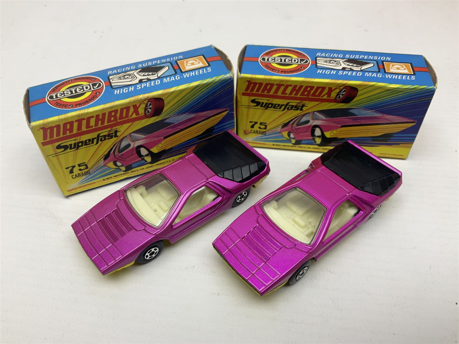 Matchbox 1-75 Series 'Superfast' ex-shop stock - eight models comprising two 62d Dragster, two 64c Slingshot Dragster, two 65d Saab Sonnet III and two 75c Alfa Carabo; all boxed; together with Matchbox trade catalogue c1973 in original vinyl cover (9)