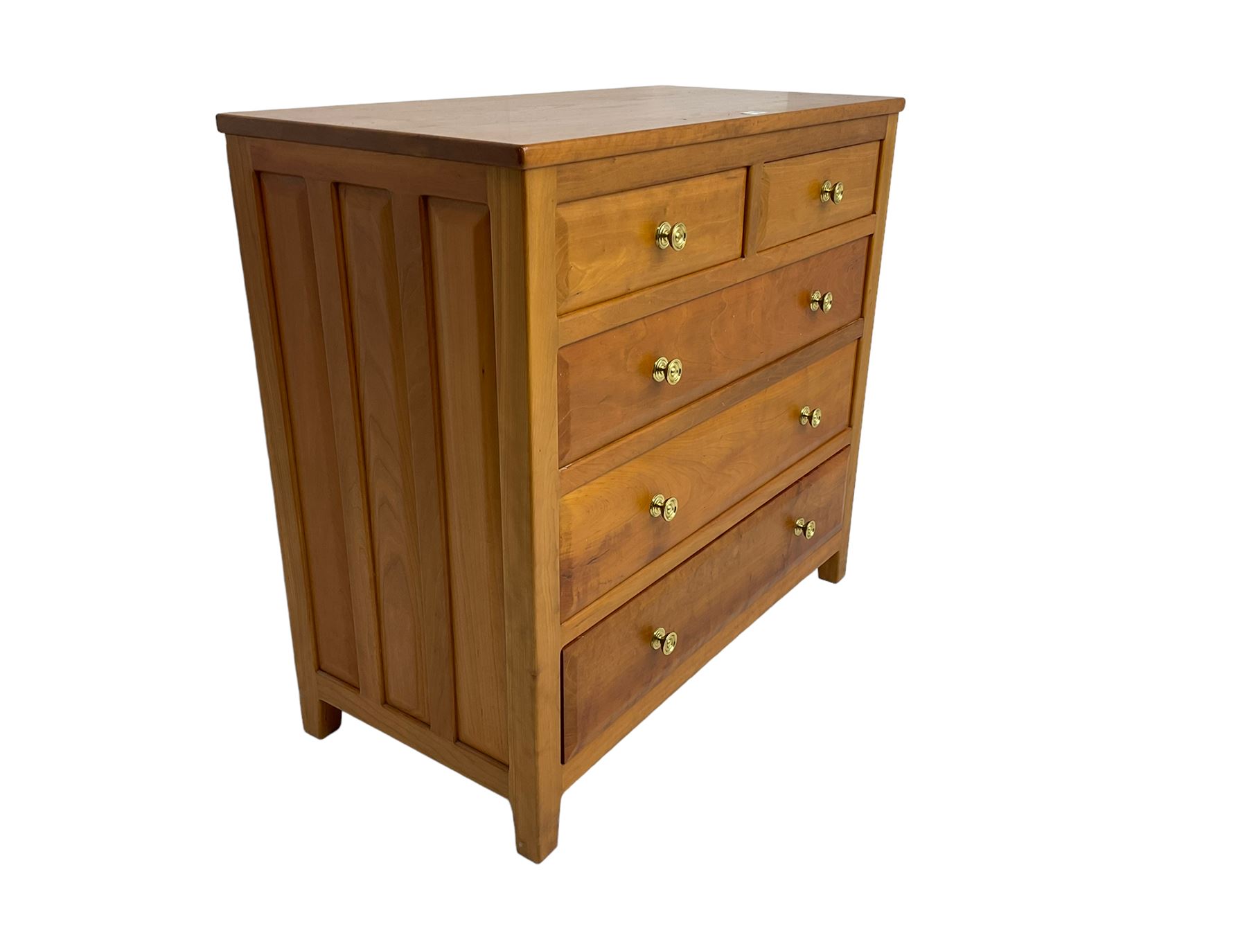 Knightman - cherrywood chest, fitted with two short and three long drawers, with panelled sides on square feet by Horace Knight workshop of Balk, Thirsk