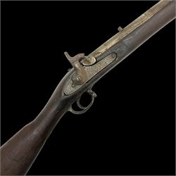 20th century Indian percussion military musket, approximately 20-bore, the 96.5cm barrel with three bands, the steel lock-plate marked 1862 Enfield, walnut full stock with brass fittings and under barrel ramrod channel L140.5cm overall
