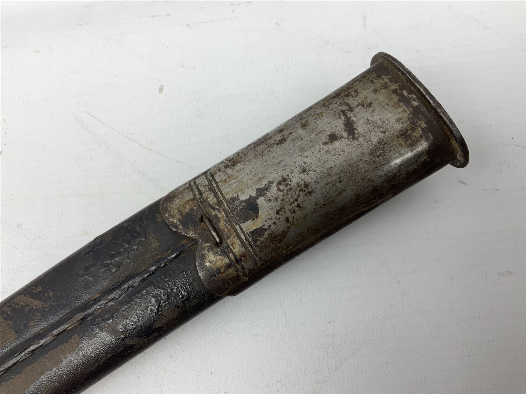 19th century Bayonet with 58cm fullered Yataghan shaped blade, stamped with anchor mark, with leather scabbard