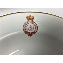 Collection of Regimental dinner wares, to include 59th Scinde Rifles plate, King's Regiment plate, Royal Tank Regiment plate, Dorset Yeomanry crescent serving dish, Army and Navy Club plate and covered soup bowl and three others (9)  