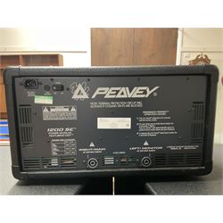 Peavey XR-696F 1200W Amplifier, serial no.K0241228, L47cm; with two Peavey UL bass bins L56cm and two Peavey top speakers L45cm with connecting rods; all with covers; and quantity of heavy duty cables, two microphone cables and microphone stand
