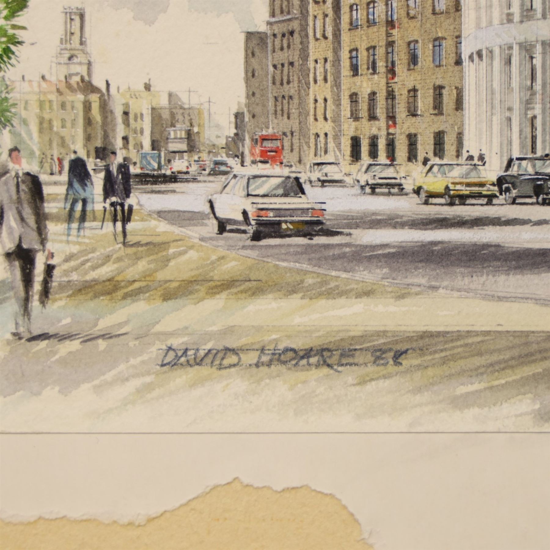David Hoare (British 20th Century): Two architectural perspectives of Wapping - London, pair of watercolours heightened with white laid on to cardboard signed and dated '88 max 38cm x 54cm (2) (unframed)
Notes: These perspectives depict two different buildings proposed for the exact same location.