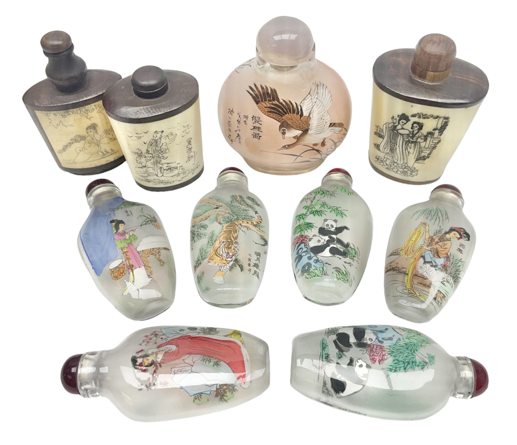 Seven Chinese glass snuff bottles painted with figures and animals, together with three wood mounted bone examples
