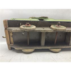 1960s scratch-built green, black and red painted wooden model of a 4-6-0 tank locomotive 'Andrew' No.7365 L88cm; and an unused wall mounting die-cast model display cabinet with glass door and shelves 52 x 40cm (2)