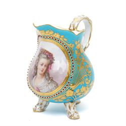 Sevres dejeuner 'Bleu turquoise' tea service for six covers, decorated by Charles-Eloi Asselin, comprising six teacups and saucers, teapot, milk jug and covered sucrier, the bleu de ciel ground painted with portraits of the French courtiers, each piece with name to base (some rubbed) of those depicted, to include Marie Antoinette (teapot), Madame de Montesson, Madame du Barry, Madam de Genlis, Madame Elizabeth (sucrier), Madame de Lamballe (milk jug) Madame Victoire, and two others unidentified, within finely painted gilt surround, each portrait encircled by red jewelled borders, the saucers with corresponding monograms within similar floral gilt and jewelled borders, Sevres mark to base with painted 'ee', dating these 1782, teapot H14cm 