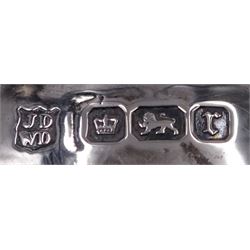 Set of four Edwardian silver open salts, of circular form, each with later personal engraving to scalloped rim and upon three pad feet, together with four matching silver salt spoons, hallmarked James Deakin & Sons, Sheffield 1909, in velvet and silk lined fitted case     