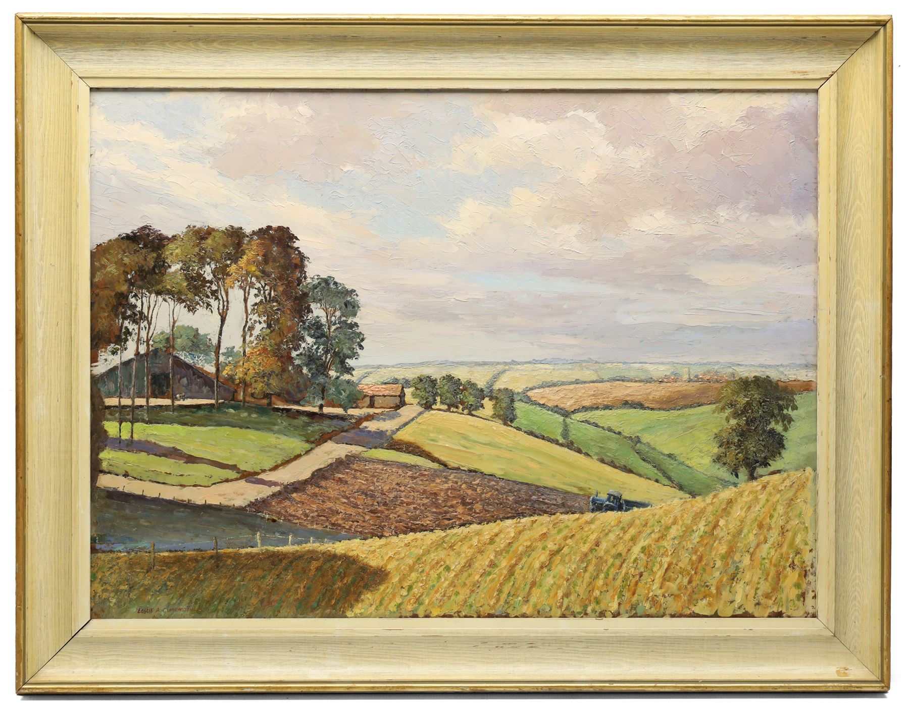 Leslie A Cunnington (20th century): 'Caistor from Normanby-le-Wold' Lincolnshire, oil on board signed, titled on label verso 50cm x 69cm