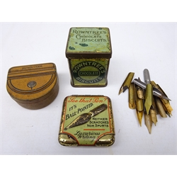 Three advertising tins comprising Ormiston & Glass, London 'See that Pen?' tin with various pen nibs, Rowntree's chocolate biscuits tin and a Rowntree pocket tin (3)  
