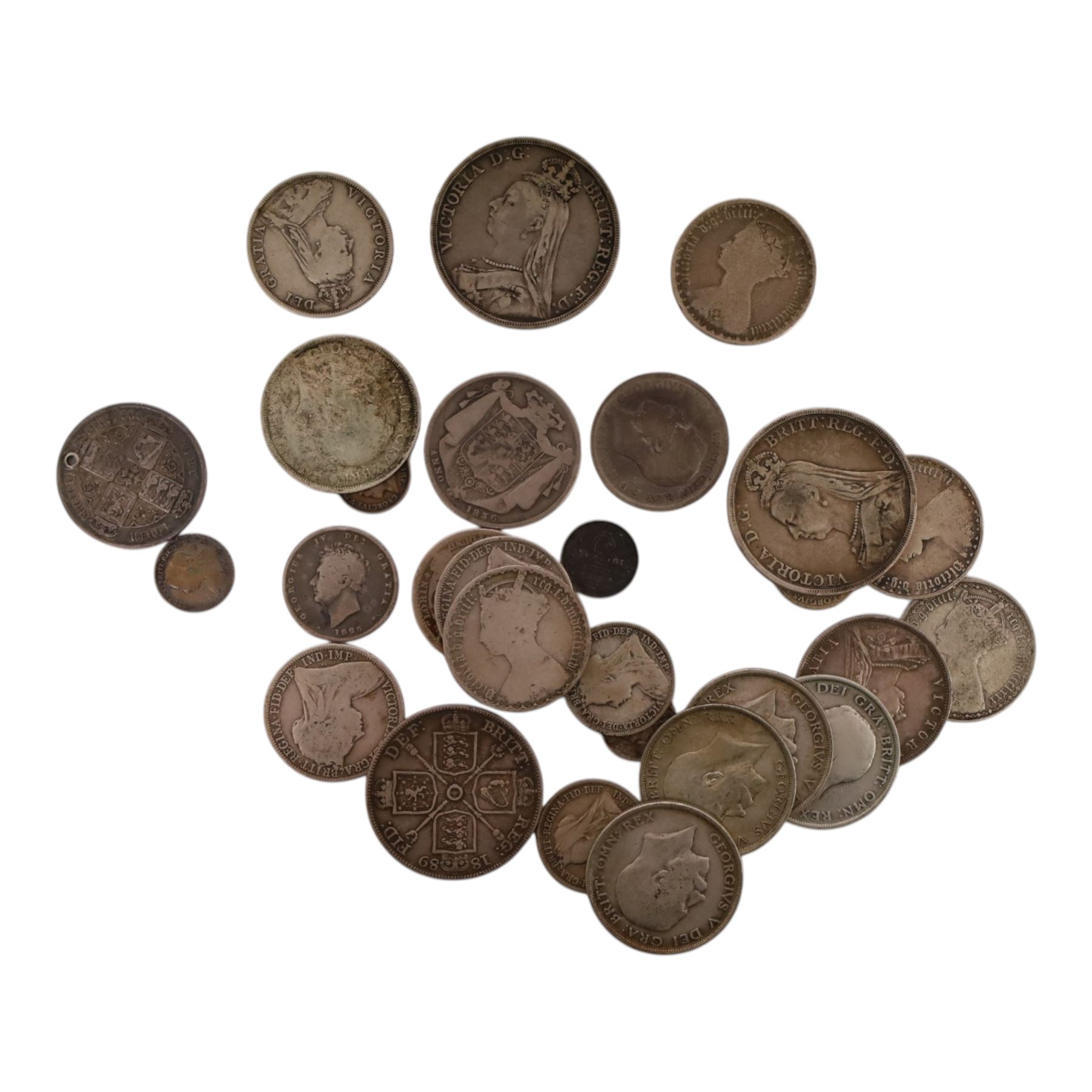 Approximately 300 grams of Great British pre-1920 silver coins, including 'Gothic' florins, etc