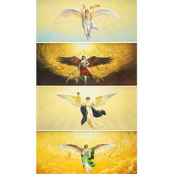 Victor Arseni (Moldovan 1969-): The Four Archangels - Michael Gabriel Raphael and Uriel, set four oils on board signed and inscribed verso 13cm x 29cm (4)