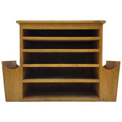 Craftsman made oak magazine table or HI-FI stand, moulded rectangular top over four shelves, flanked by two projecting holders