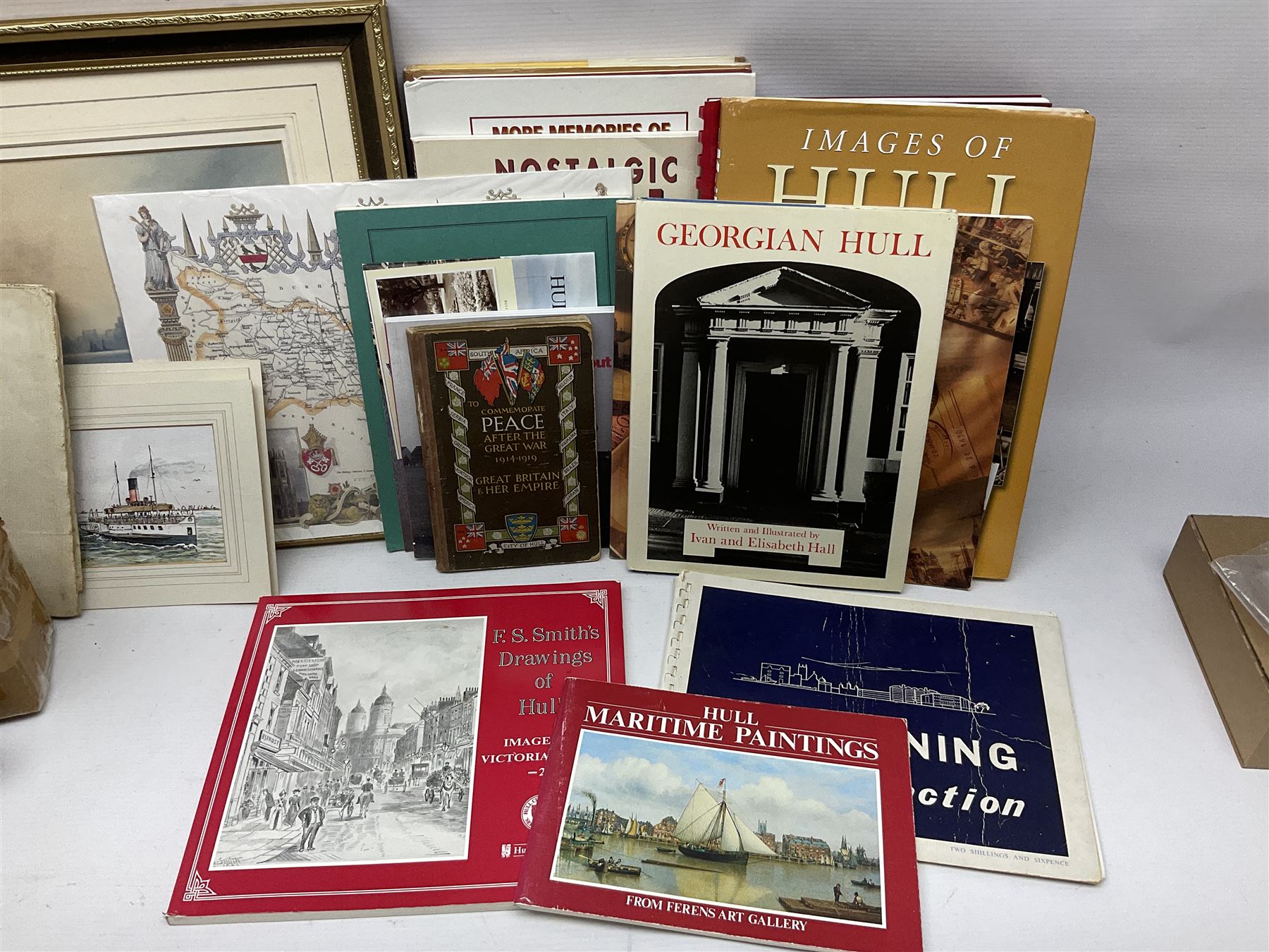 W. Marshall (20th century) - Town Dock Hull; watercolour; gilt frame; two Amy Johnson enamelled brooches as aircraft and Amy Johnson medallion; and quantity of books and booklets of Hull interest