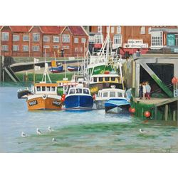 Richard Wood (British 20th century): Scarborough Harbour, oil on board signed and dated '95, 29cm x 40cm