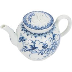 18th century and later English blue and white ceramics, including late 18th century Liverpool bowl with chinoiserie decoration, Worcester teapot decorated with flowering branches, and four leaf bowls, Liverpool bowl D21cm 