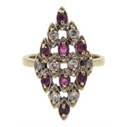 9ct gold kite shaped cubic zirconia and pink stone set cluster ring, hallmarked