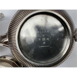 Elkington & Co. silver plate tea set, consisting teapot, coffee pot and milk jug, with engraved foliate decoration and a beaded edge