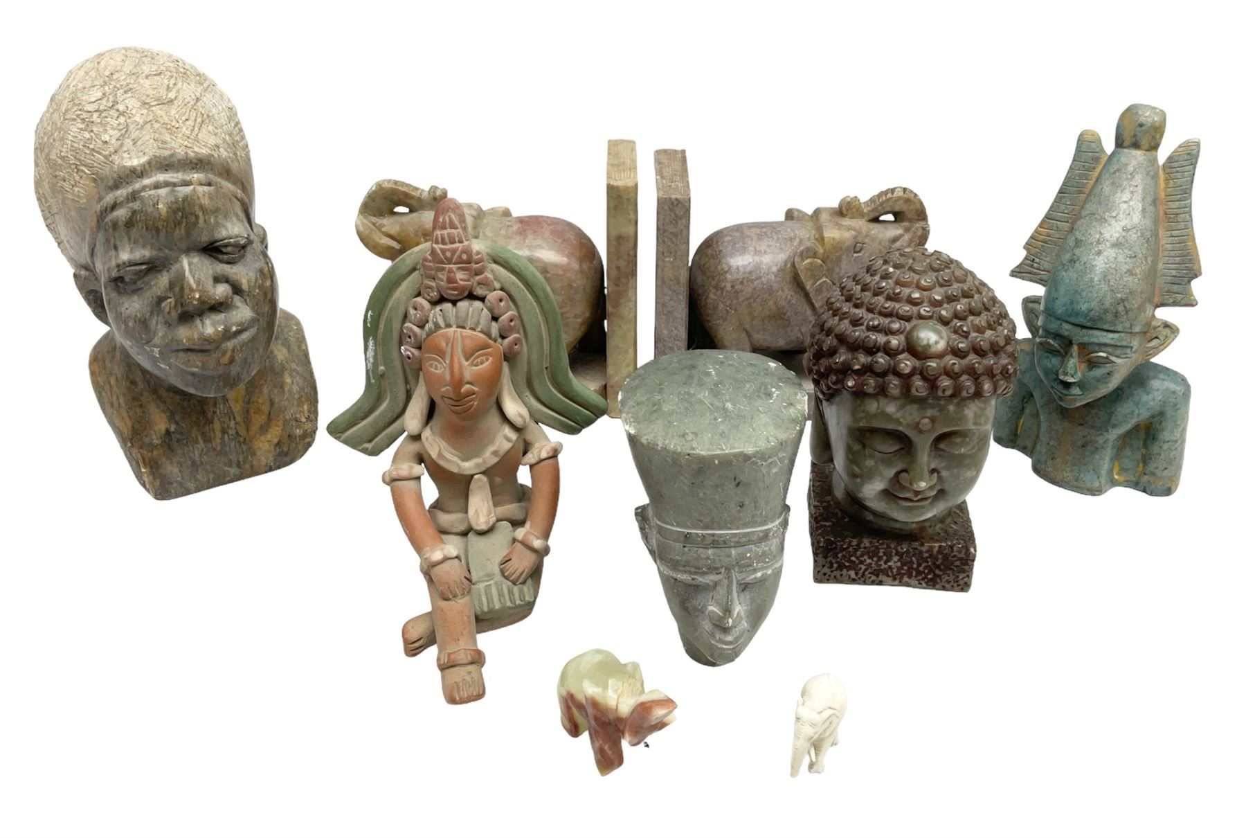 Pair of soapstone figural bookends carved with elephants, African soapstone bust, Buddha bust, Egyptian style etc, tallest H18cm