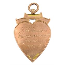 9ct rose gold and enamel 'Hull Cage Bird Society', heart shaped medallion pendant, presented to J.W. Towse winner of the novice pointes cup 1921', by Vaughton & Sons, Birmingham 1922, in fitted case