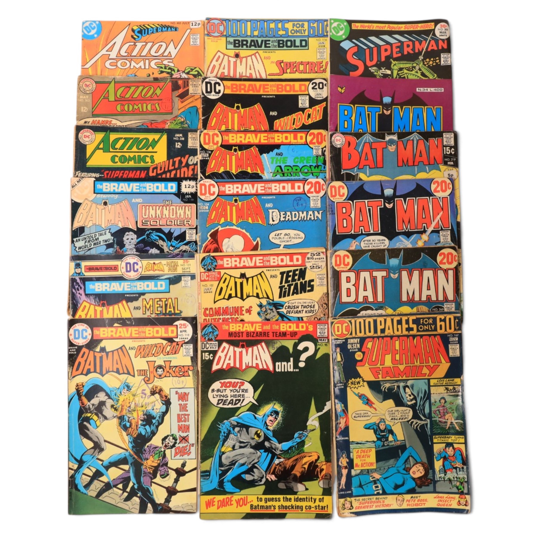 Collection of Bronze Age and later DC superhero comic books, titles including Detective Comics, Superman, The Joker, The Brave and The Bold, Superman's Pal Jimmy Olsen, The Super Friends, Supergirl, Action Comics, World's Finest, Superboy, Legions of Super Heroes, Lois Lane, etc