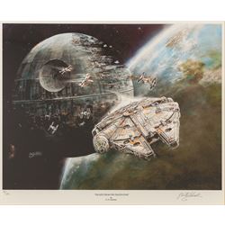 G.W. Hutchins: limited edition print 'Escape From The Death Star' signed by the artist, no. 95/650, framed with certificate of authenticity from Osbourne & Allen Ltd verso, artwork H30cm, W40cm