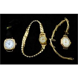 MuDu 18ct gold ladies wristwatch, on expanding gilt bracelet, Trebex 9ct wristwatch, on 9ct gold expanding link bracelet and one other 9ct gold wristwatch, on ribbon, all manual wind movements