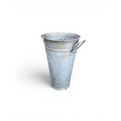 Nine galvanised flower buckets, tapering form with twin handles