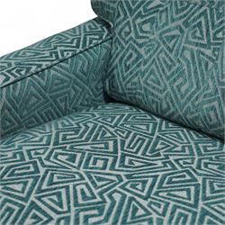 G-Plan Vintage - Contemporary unused Agatha 3 seater sofa, upholstered in G insignia fabric cushion seat and back cushion, rectangular side frame and matching fabric footstool, and additional unused seat cushion