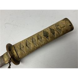 Japanese tanto dagger with 25cm single edged blade, gilded plain punched tsuba, cord bound ray skin grip incorporating menuki and ornate gilded metal mounts L39cm overall
