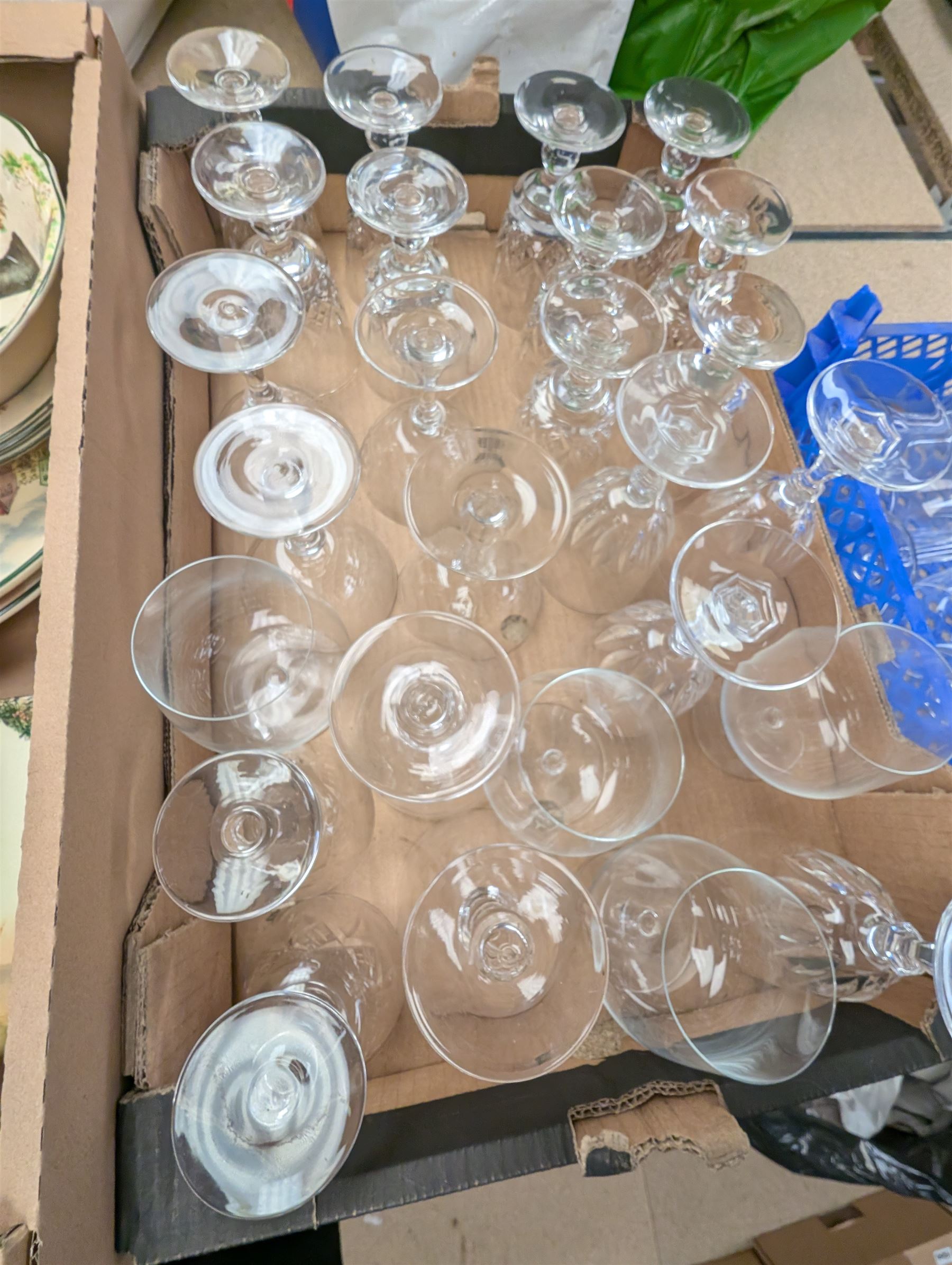 Collection of Royal Doulton Dickensian Ware ceramics, including chargers, teacups and saucers, bowls etc together with a quantity of drinking glasses, lacquered eggs, etc