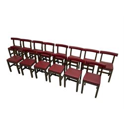 Set fifteen early 20th century oak school chairs, back rail and seat upholstered in claret red faux leather with studwork, raised on square supports united by H-stretcher (15)