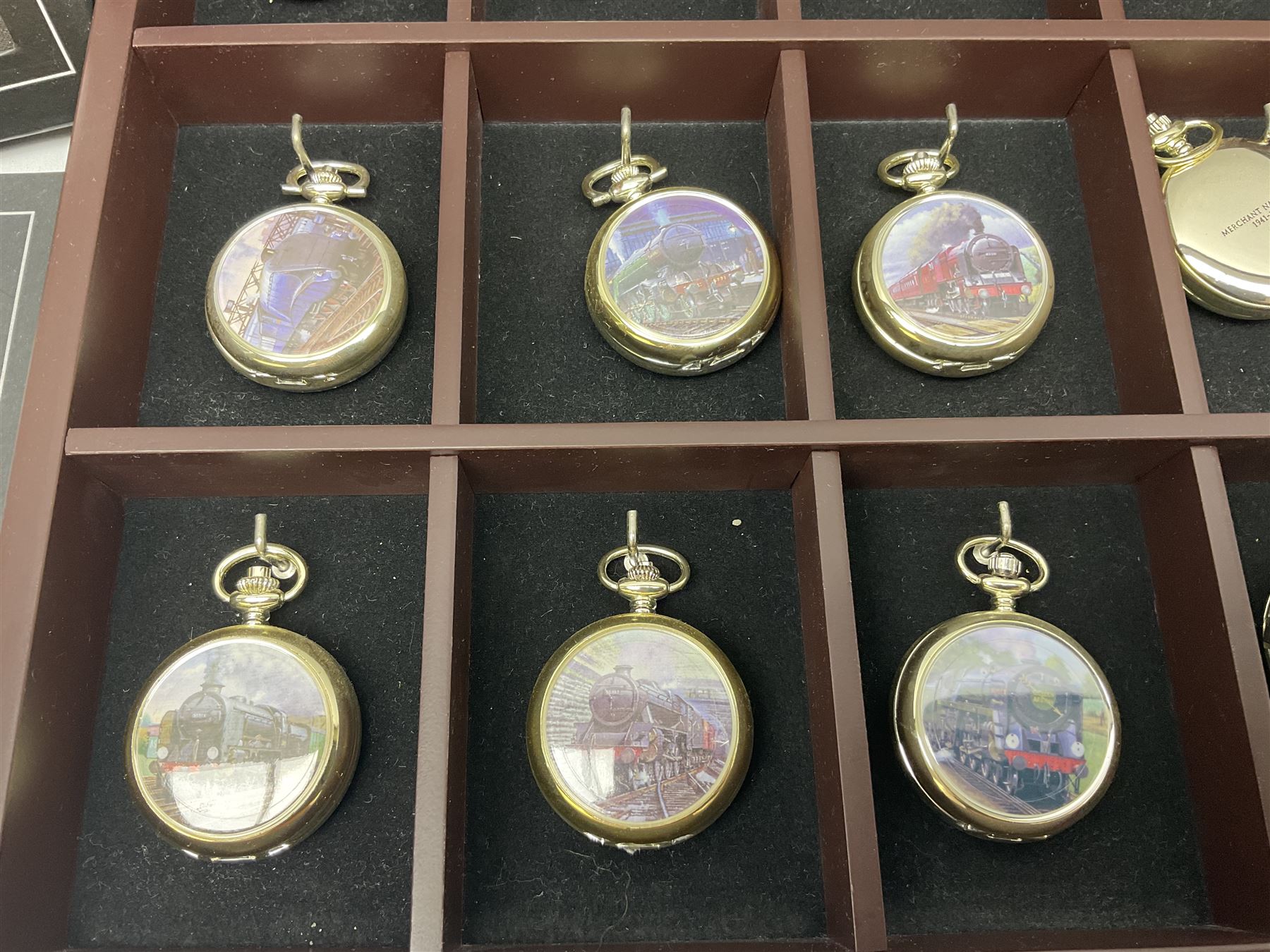 Twenty-three Glory of Steam Atlas Editions silver plated pocket watches, to include The Scottish Horse, Merchant Navy Class, etc, with wood display case, all boxed, twenty one with certificates