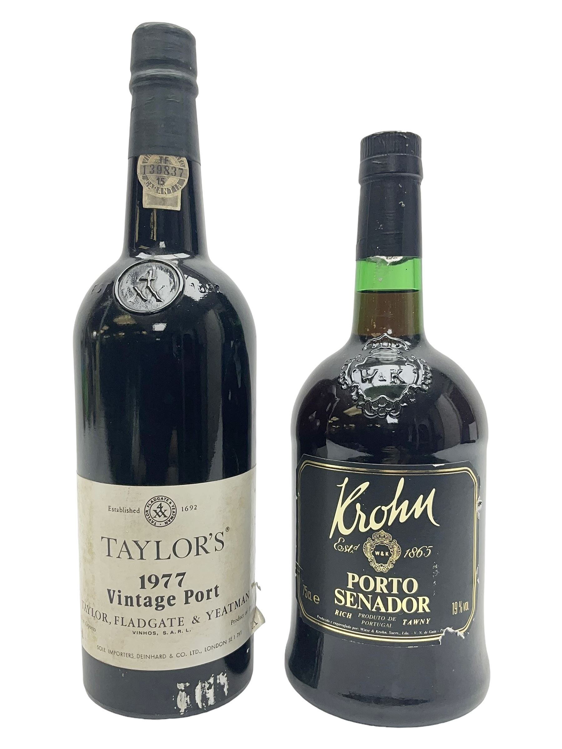 Taylor's, 1977 vintage port, 75cl 21% proof and Wiese & Krohn, Senador port, 75cl 19% vol (2)