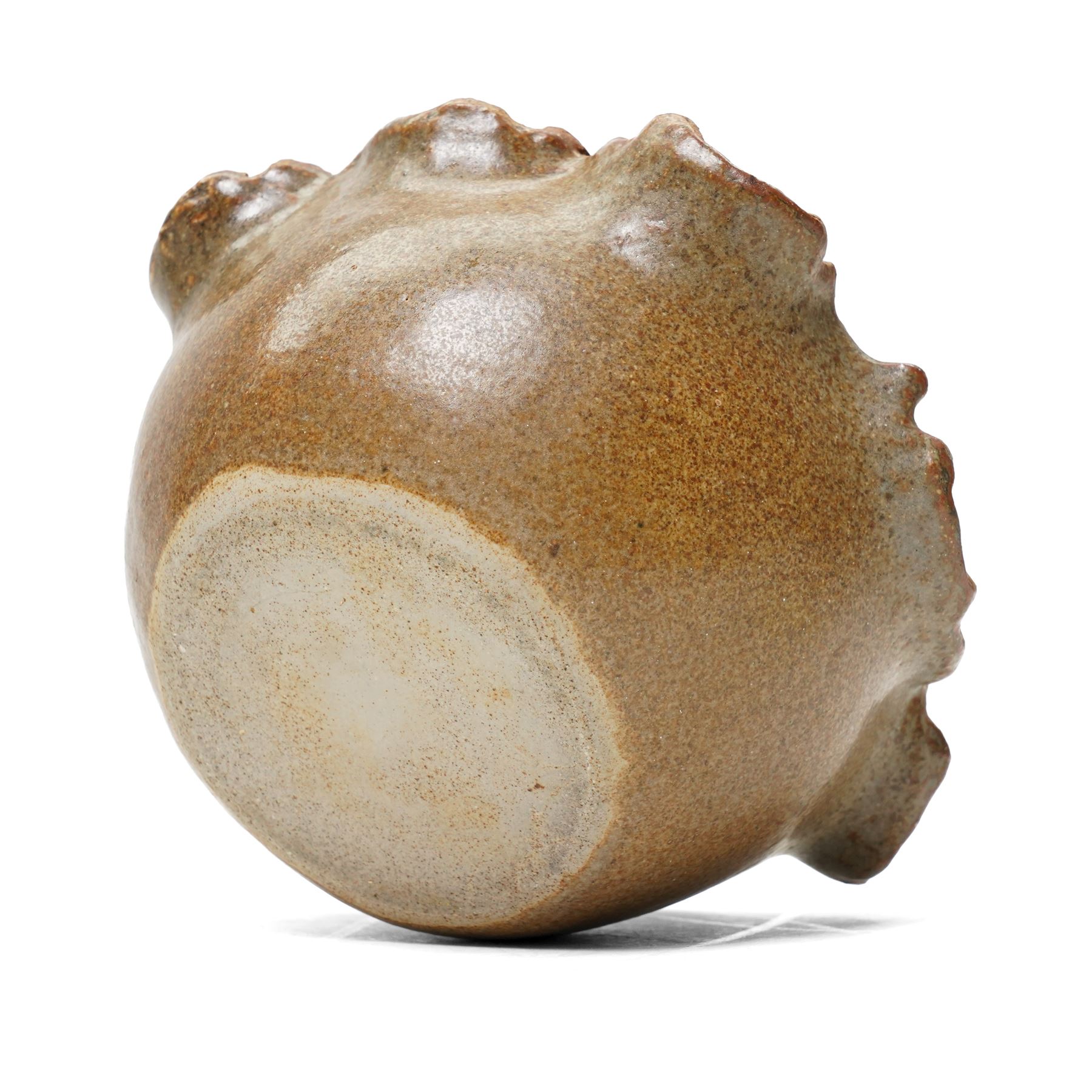 Bernard Rooke (1938-) - small stoneware vase, the rim formed as lily pads and frogs in a brown glaze H9cm, purchased from The Mill Gallery, Swilland,  Ipswich
