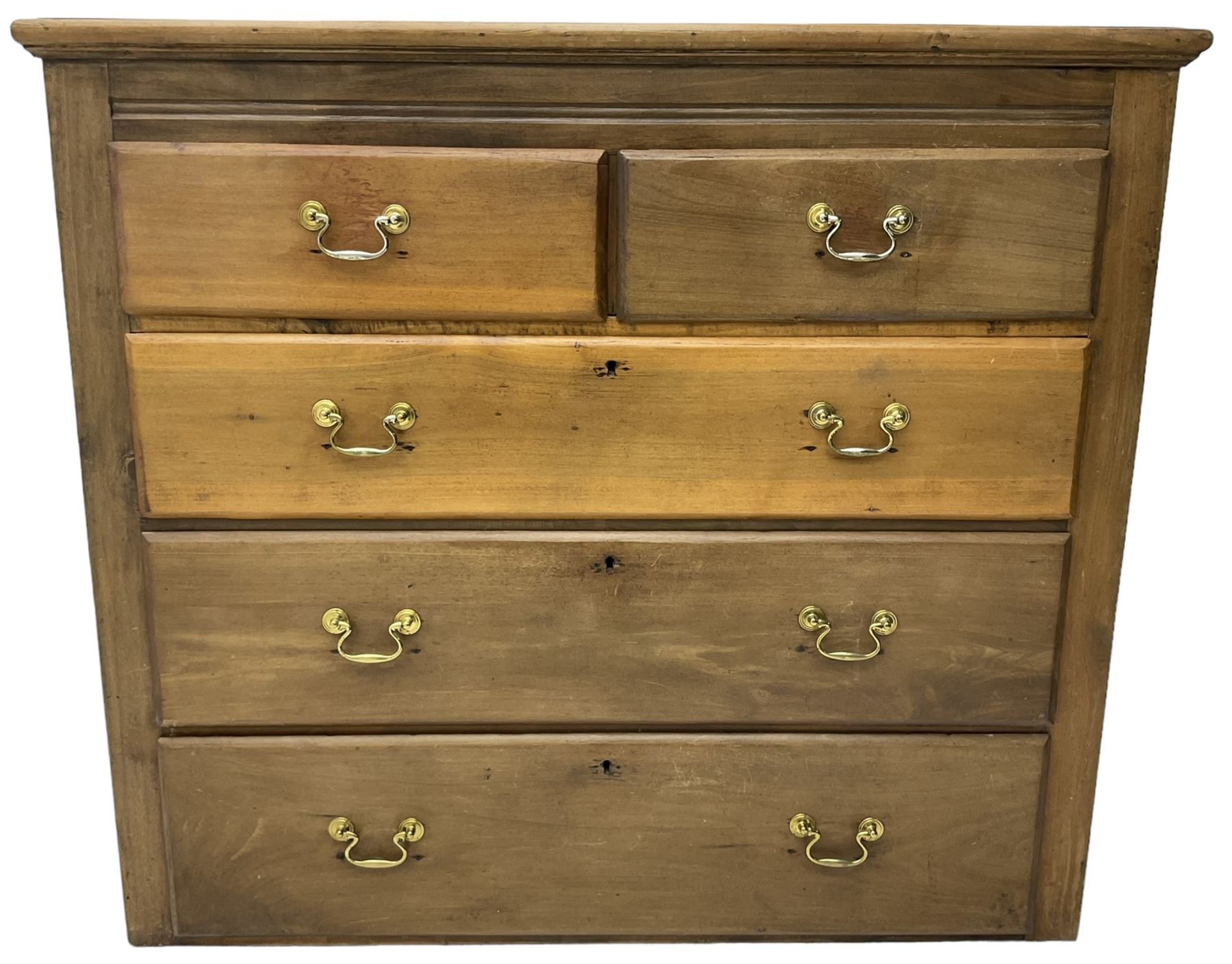 19th century walnut straight-front chest, fitted with two short and three long graduating drawers