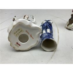 Seven Spode Chelsea figures, comprising no.1, no.2, no.3, no.4, no.6 and two further smaller examples, together with a Dresden figure of a gentleman, no. K10003, and a Delft style figure of a boy, some with boxes, tallest H23cm (9)