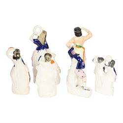 Six 19th century Staffordshire Theatre figures, comprising rare example of Jules Perrot as Diavolino, Jules Perrot as Albrecht, Carlotta Grisi as Esmeralda, Carlotta Grisi as Esmeralda and Jules Perrot as Gringoire, and further pair, tallest example H24.5cm


