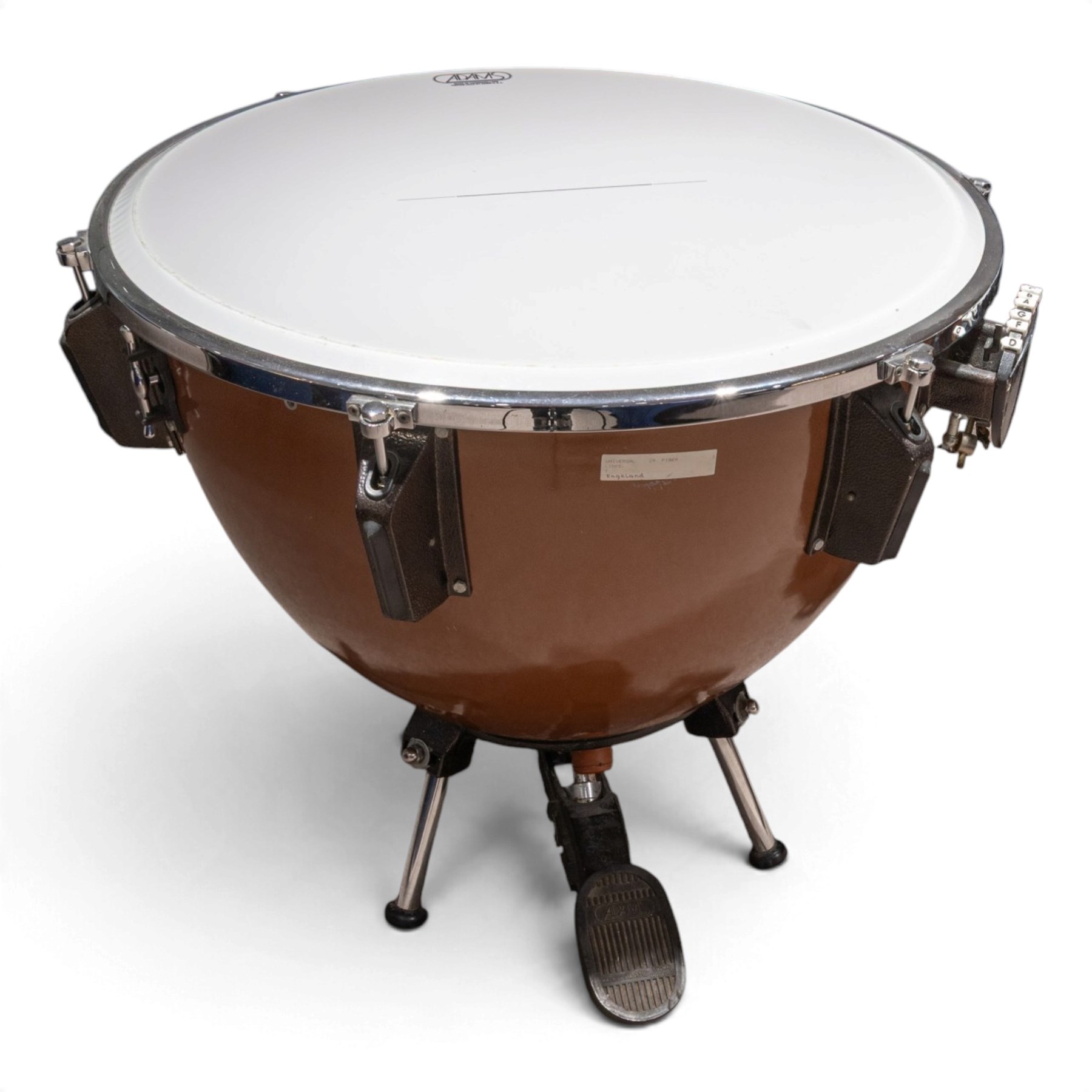 Pair of Adams Universal fibreglass pedal timpani, 29in and 26in, with Remo heads and tuning gauges, with mushroom covers