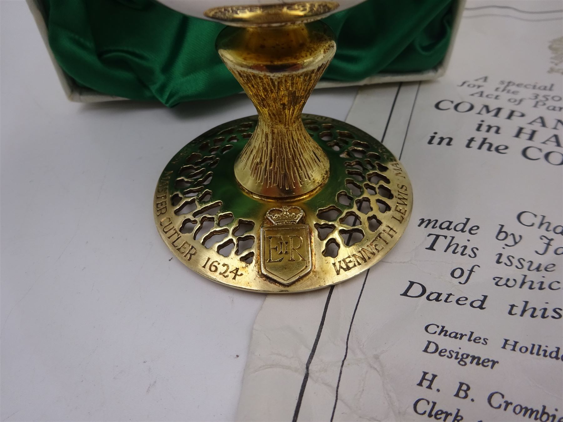 Modern limited edition silver goblet to commemorate the 350th anniversary of the Act of Parliament founding the Company of Cutlers, the tapering cylindrical bowl engraved with crest, with gilt interior and upon parcel gilt textured knopped stem and pierced circular foot, hallmarked James Dixon & Sons, Sheffield 1974, number 21/210 , in original fitted box with paperwork