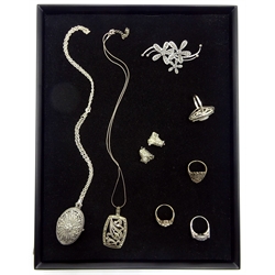  Silver marcasite rings, pendant necklaces, pair of ear-rings and brooch stamped 925 (8)   