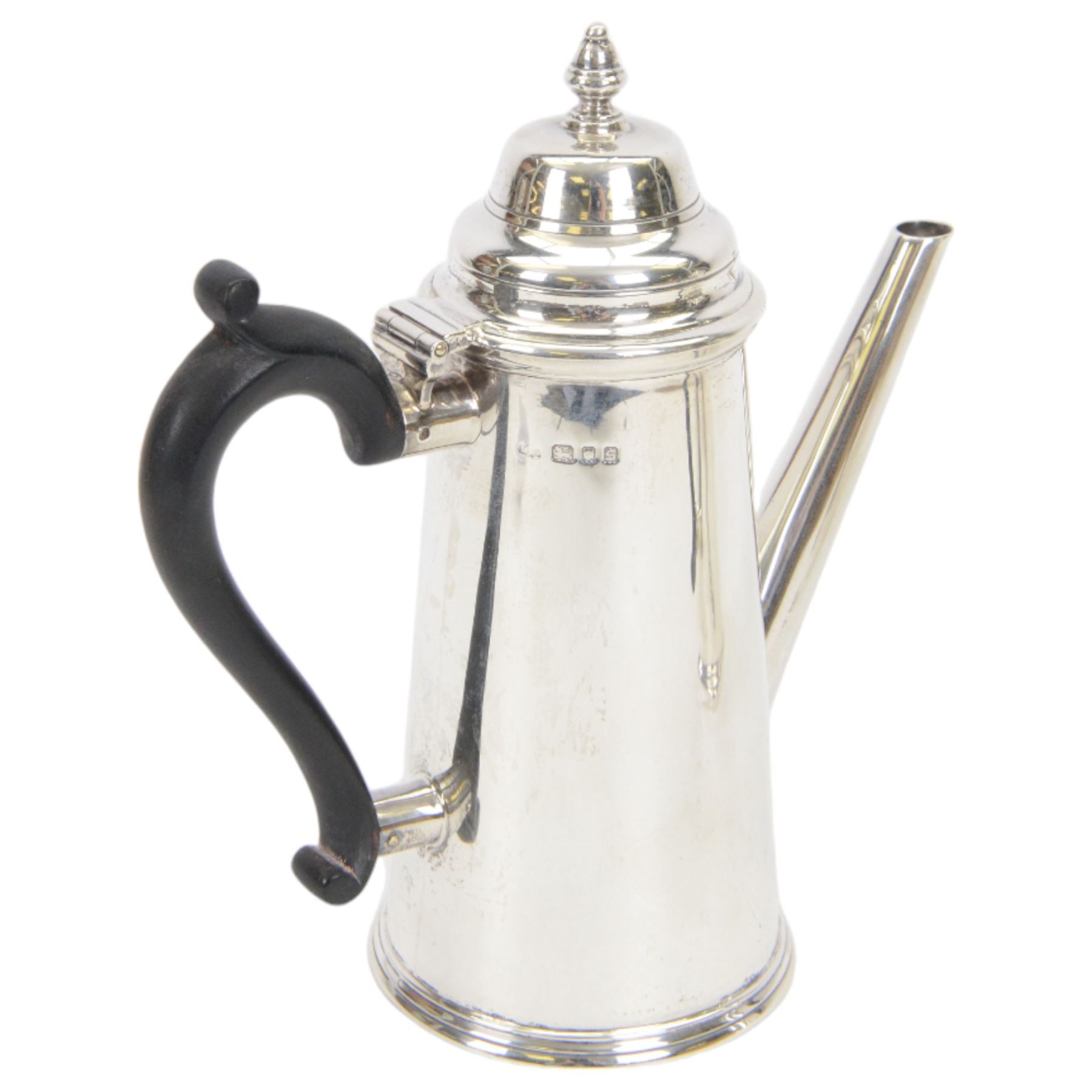 1930's silver two piece cafe au lait set, comprising coffee pot and a hot milk jug, each of tapered cylindrical form, with ebonised handles, hallmarked Nayler Brothers, London 1933, H19cm