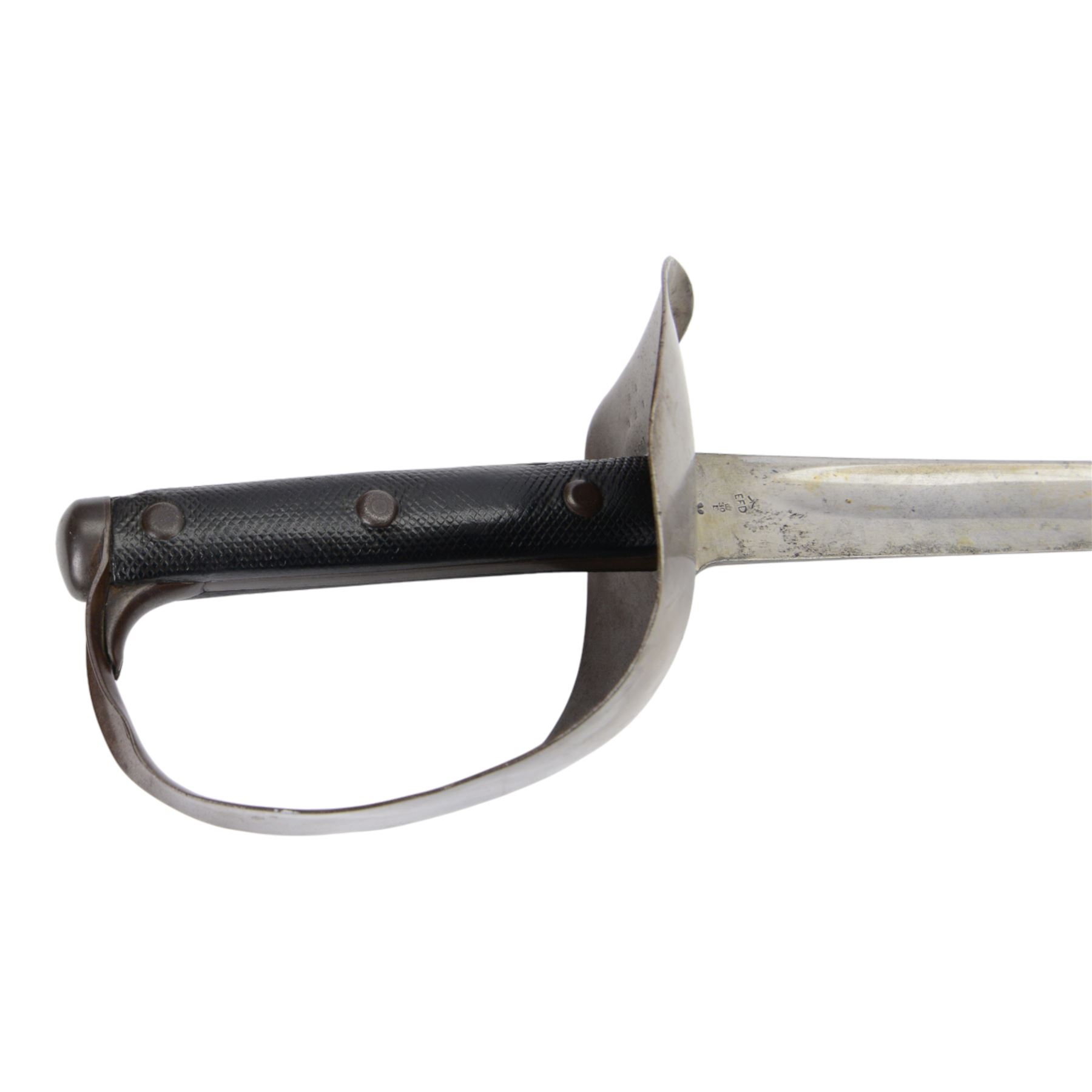 British 17th Lancers, Duke of Cambridge Own, 1899 cavalry sword, with L83cm single-edged slightly curved blade, top of blade etched '30E', broad sheet steel bowl hilt with chequered black leather grip scales, the steel two ring scabbard engraved 2/09 O.T.C , overall L104cm